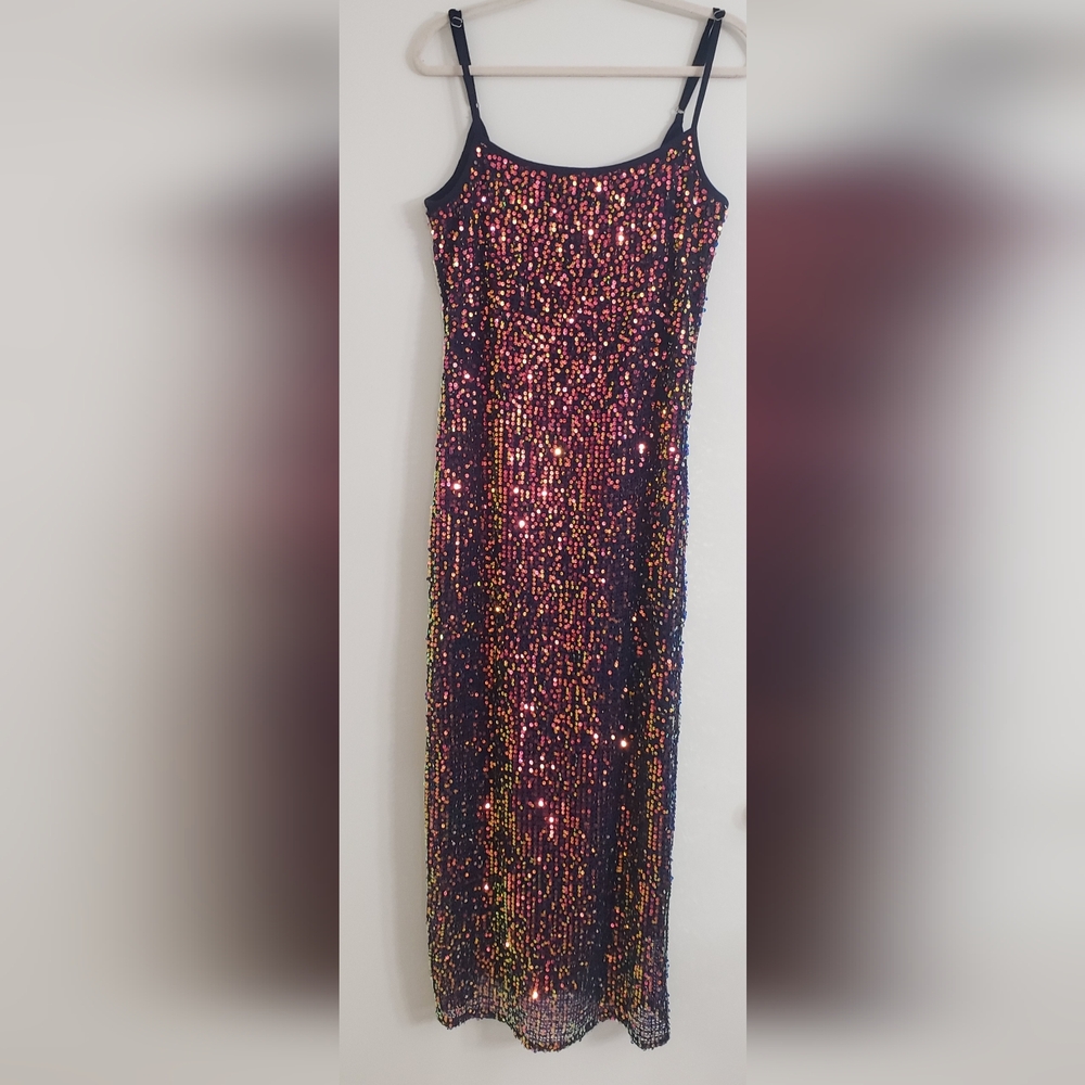 Multicolor NWT Lined Sequin Pencil Dress Large Stetch GlamShine Statement Piece